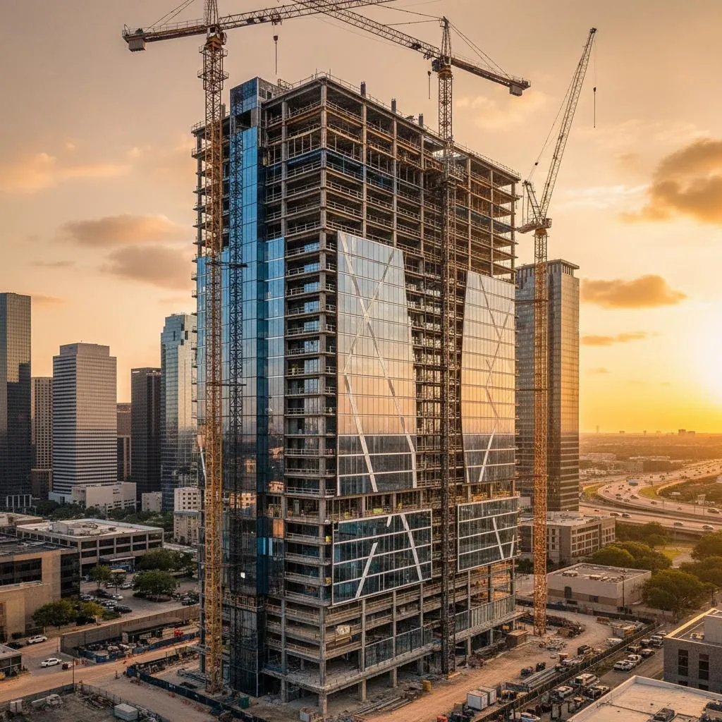 Gedung bertingkat dalam pembangunan dengan tower crane saat senja