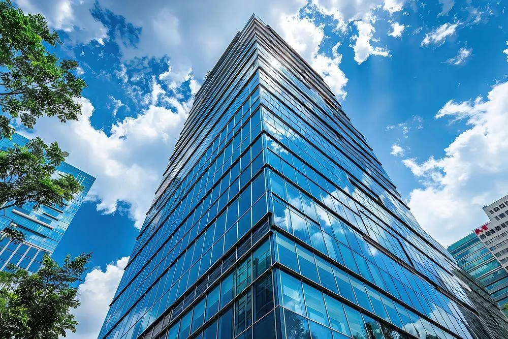 Gedung kantor dengan fasad kaca biru